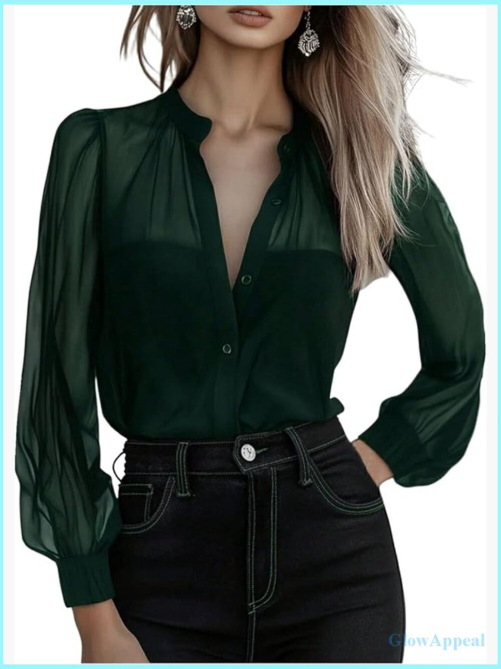 Sheer Button Up Blouse Long Sleeve Dressy Business Casual Work Mesh Top
